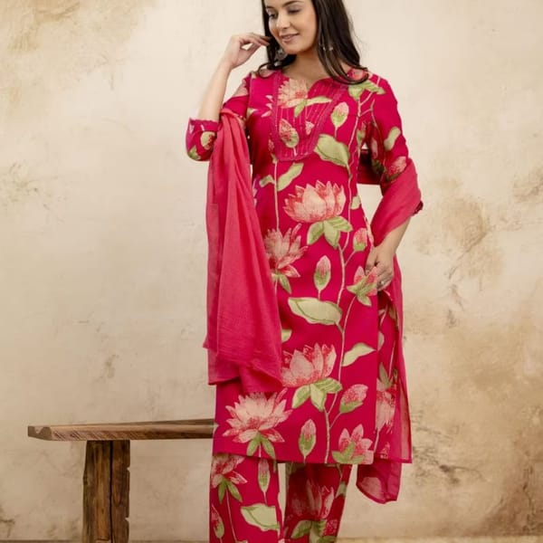 Pure Cotton Floral Print Kurta Pant and Dupatta Set (018)