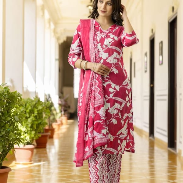 Pure Cotton Floral Print Kurta Pant and Dupatta Set (015)