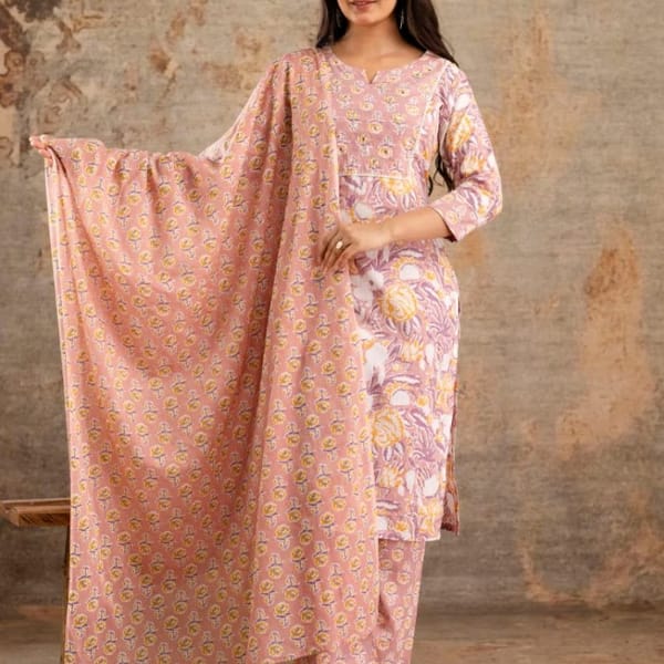 Womens Pure Cotton Floral Print Kurta Pant and Dupatta Set (012)