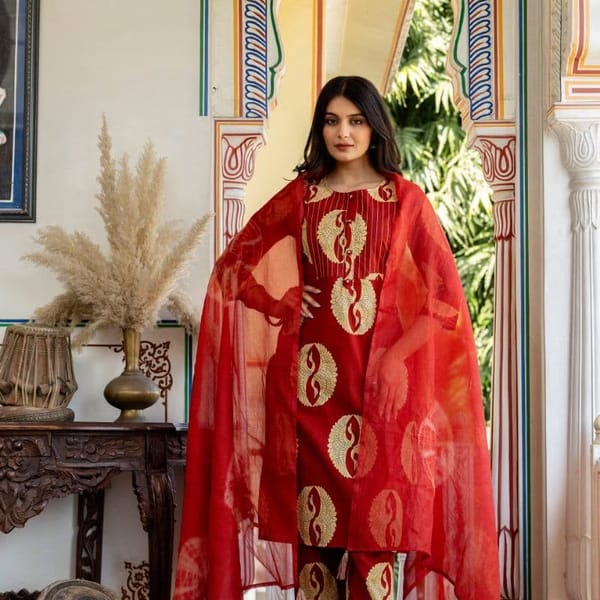 Pure Cotton Straight Kurta Pant Dupatta Set (003)