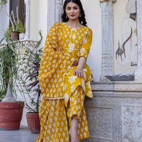 Pure Cotton Straight Hand Work Kurta Pant and Dupatta Set  (002)