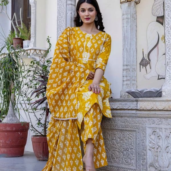 Pure Cotton Straight Hand Work Kurta Pant and Dupatta Set  (002)