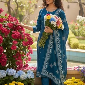 Pure Cotton Kurta Pant Dupatta Set with Golden Print (007)