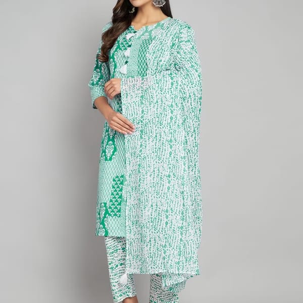 Womens Pure Cotton Floral Print Kurta Pant and Dupatta Set (010)